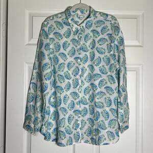 J. Jill Love Linen Paisley Long Sleeve Button-Up Shirt Women's Large White Blue